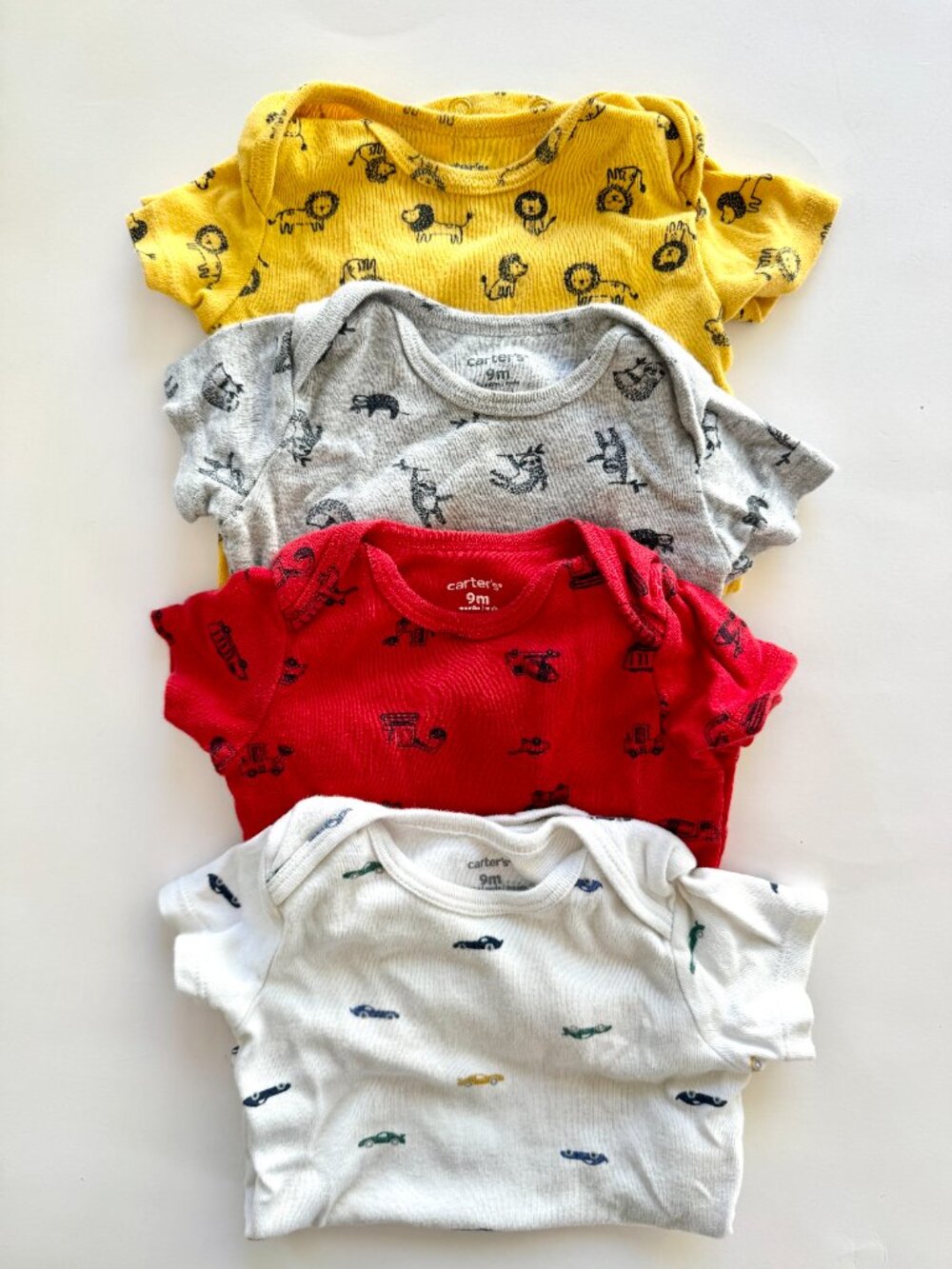 Carter's 9M Boys Bodysuit Lot of 4 Lions Sloths Trucks Cars